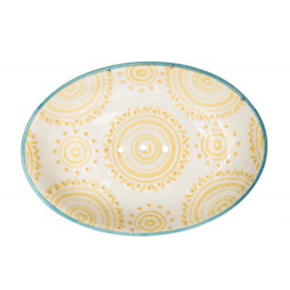 Porte-savon ovale en céramique orné de motifs jaunes ressemblant à des soleils