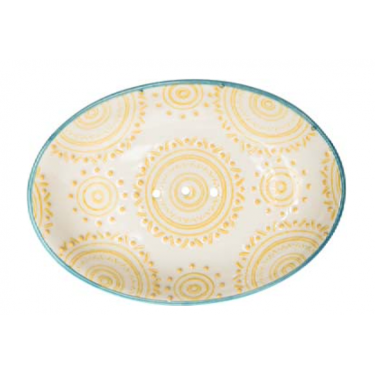Porte-savon ovale en céramique orné de motifs jaunes ressemblant à des soleils