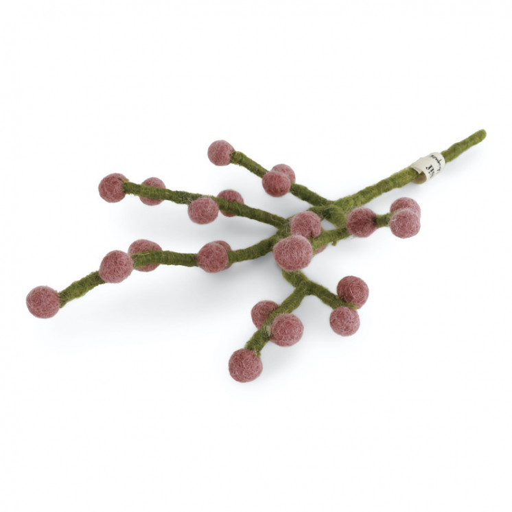 Mini branche en laine avec baies roses
