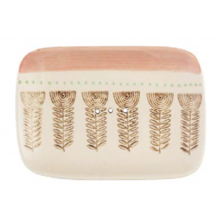 Porte-savon carré en céramique orné de motifs peints à la main : fleurs, petits points bleus et trait rose