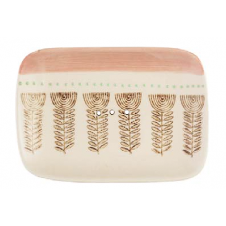 Porte-savon carré en céramique orné de motifs peints à la main : fleurs, petits points bleus et trait rose