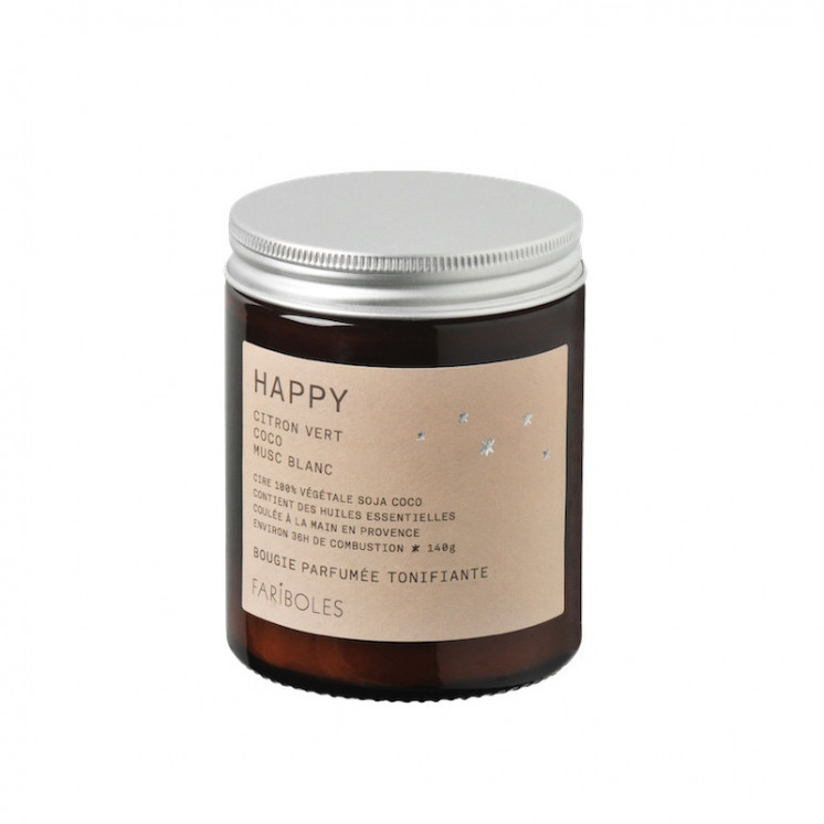 Bougie artisanale parfumée de la marque française Fariboles, parfum Happy