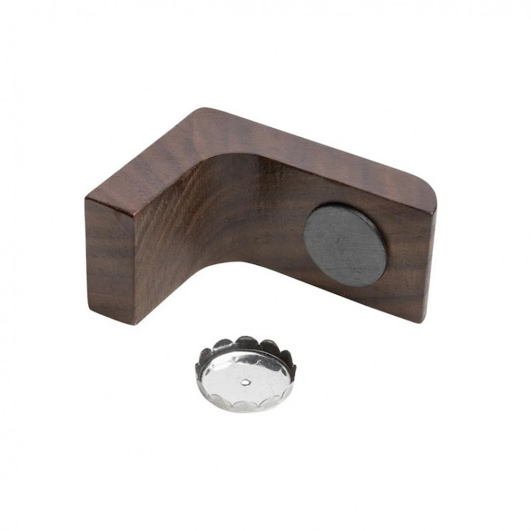 Porte-savon mural en bois de noyer avec sa capsule en acier inoxydable.