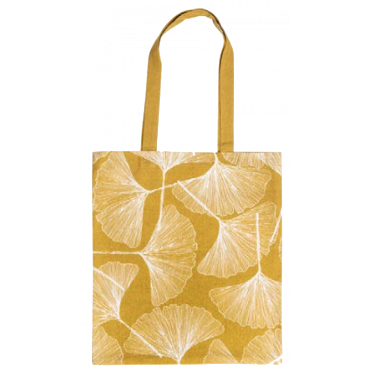 Sac Tote bag couleur ocre avec motif feuilles de Ginkgo blanches