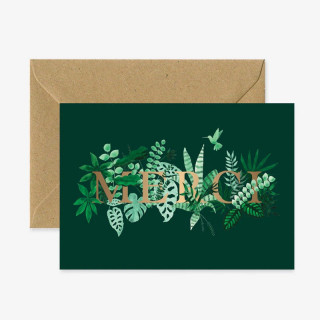 Carte MERCI en lettres dorées et sa jungle + enveloppe (atws)