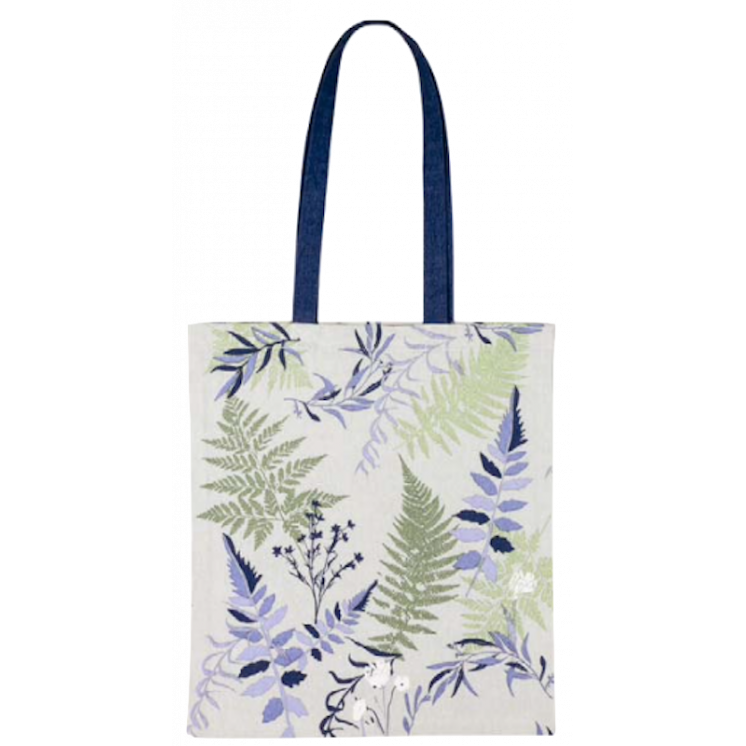 Grand sac Tote bag couleur beige avec motif fougères vertes et violettes