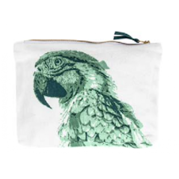 Pochette blanche zippée ornée d'un perroquet vert
