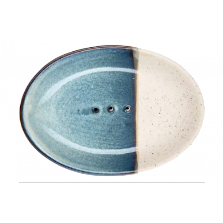 Porte-savon en céramique, bleu et écru, avec 3 trous pour laisser l'eau s'écouler