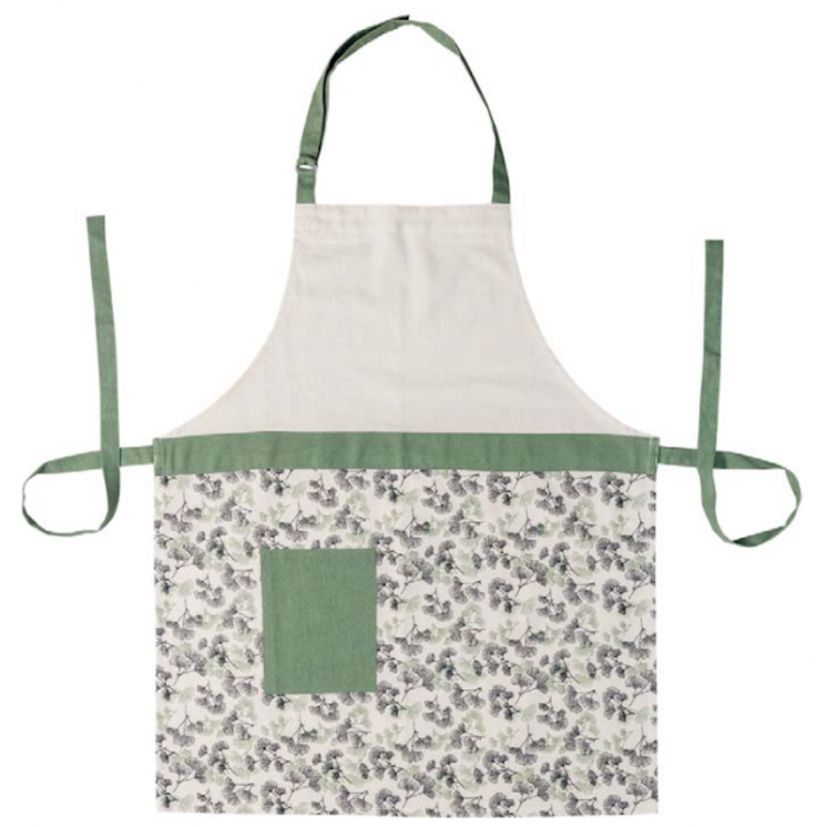 Tablier de cuisine écru avec des motifs de feuilles de Ginkgo, vert et noir.