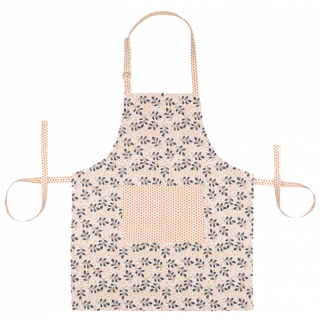 Tablier de cuisine écru avec des motifs : feuillages bleu et points rouge