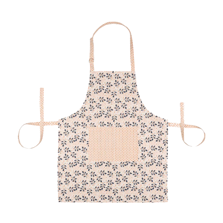 Tablier de cuisine écru avec des motifs : feuillages bleu et points rouge