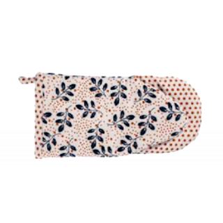 Gant de cuisine à motifs feuillage bleu et points rouge