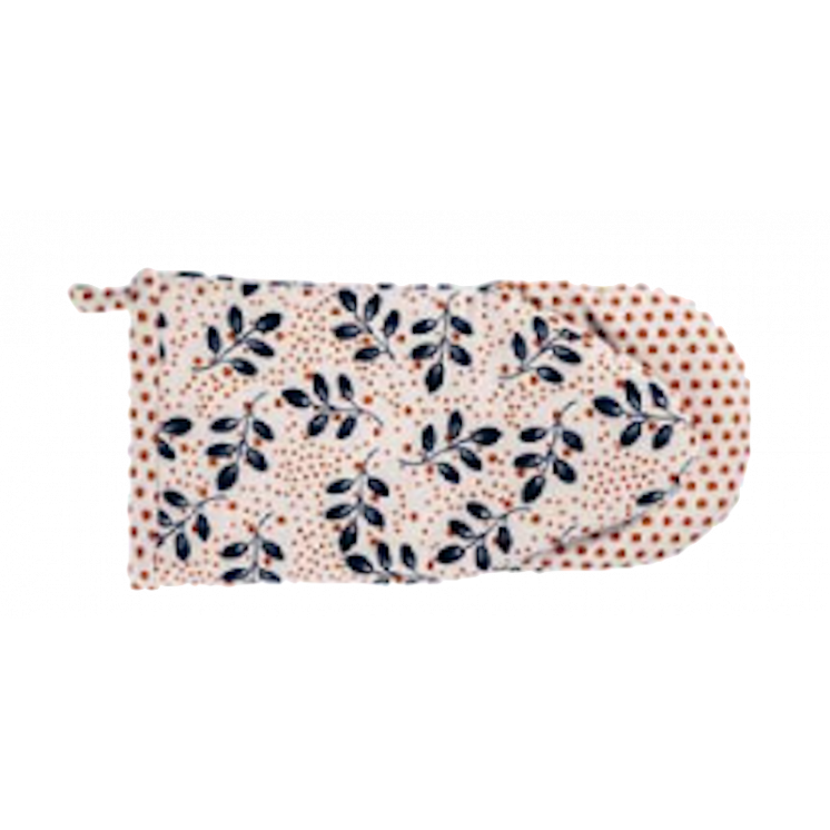 Gant de cuisine à motifs feuillage bleu et points rouge