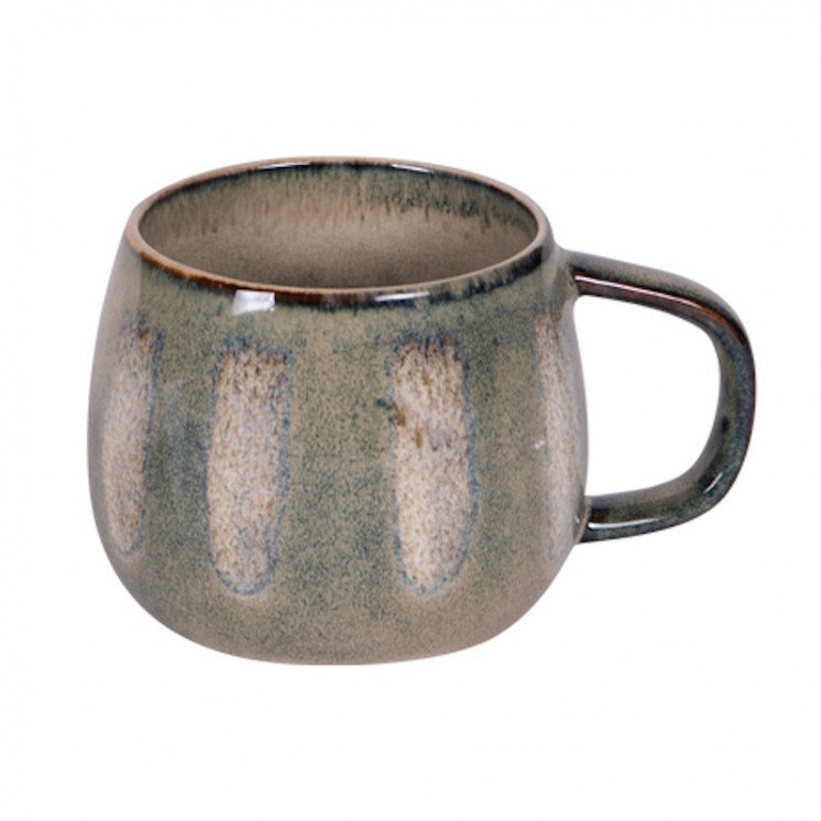 Mug en grès émaillé coloris gris-vert avec des bandes claires verticales