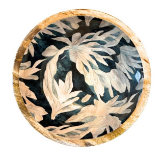 Saladier en bois de manguier avec un magnifique décor émaillé Minuit au jardin