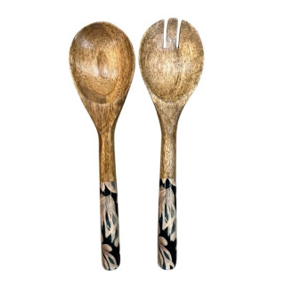 Couverts à salade en bois de manguier et illustration émaillée sur le manche : Minuit au jardin