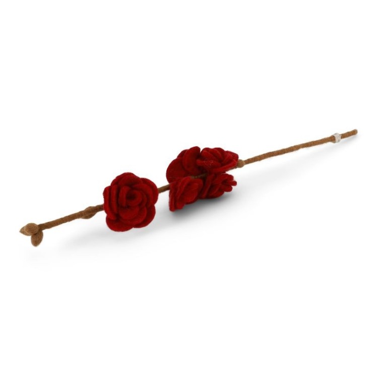 Branche en laine avec 5 roses de coloris rouge foncé