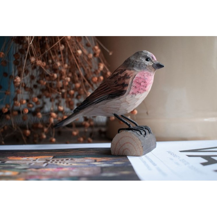 Linotte mélodieuse en bois sculpté et peint à la main