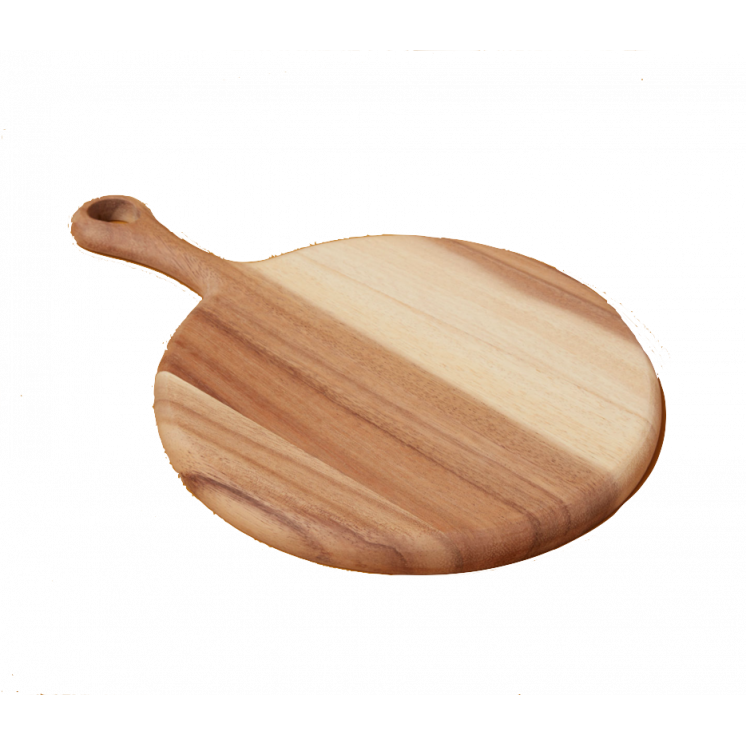 Planche ronde en acacia avec un manche.