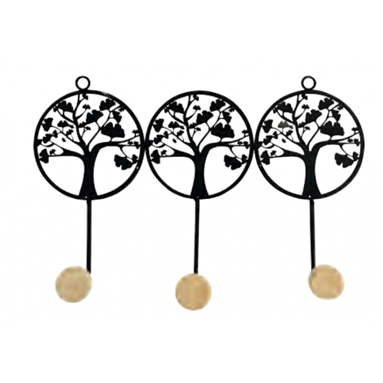 Porte-manteau mural à 3 crochets en métal noir ajouré et bois, avec 3 arbres Ginkgo biloba