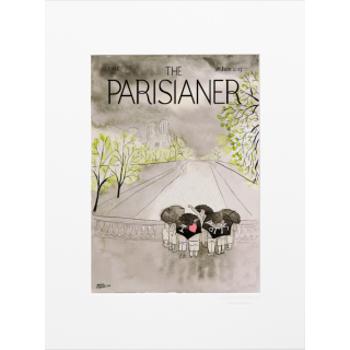 Affiche de la collection The Parisianer de la marque Image Republic, touristes dans Paris pluvieux. Artiste : Aude Picault