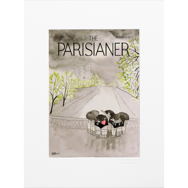 Affiche de la collection The Parisianer de la marque Image Republic, touristes dans Paris pluvieux. Artiste : Aude Picault