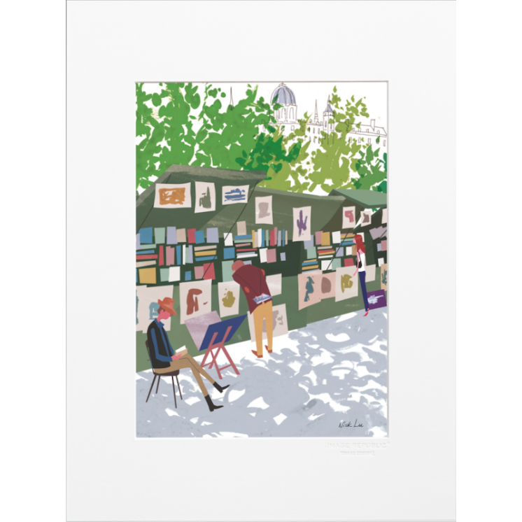 Affiche parisienne de la marque Image Republic, Bouquinistes. Artiste : Nick Lu