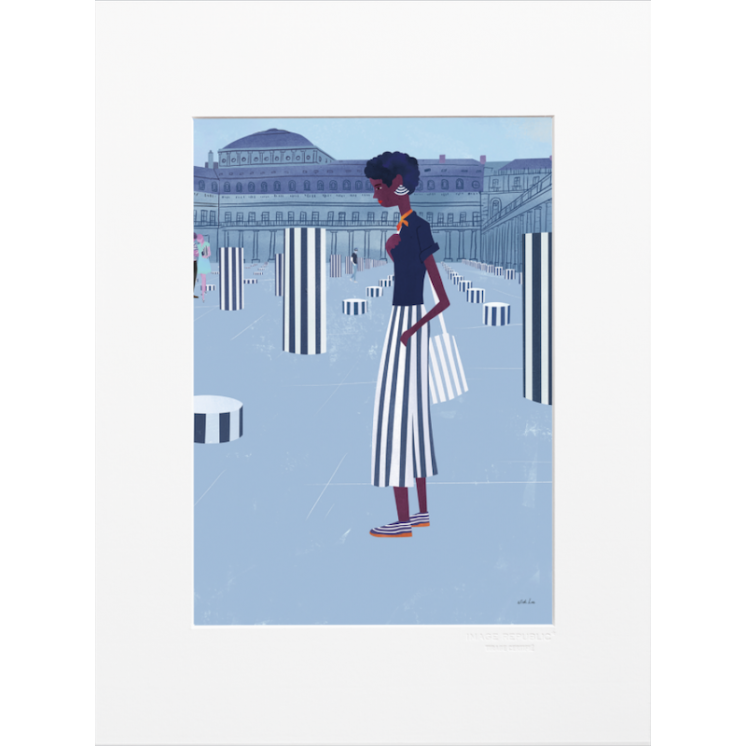 Affiche parisienne de la marque Image Republic, les colonnes de Buren et le Palais Royal. Artiste : Nick Lu
