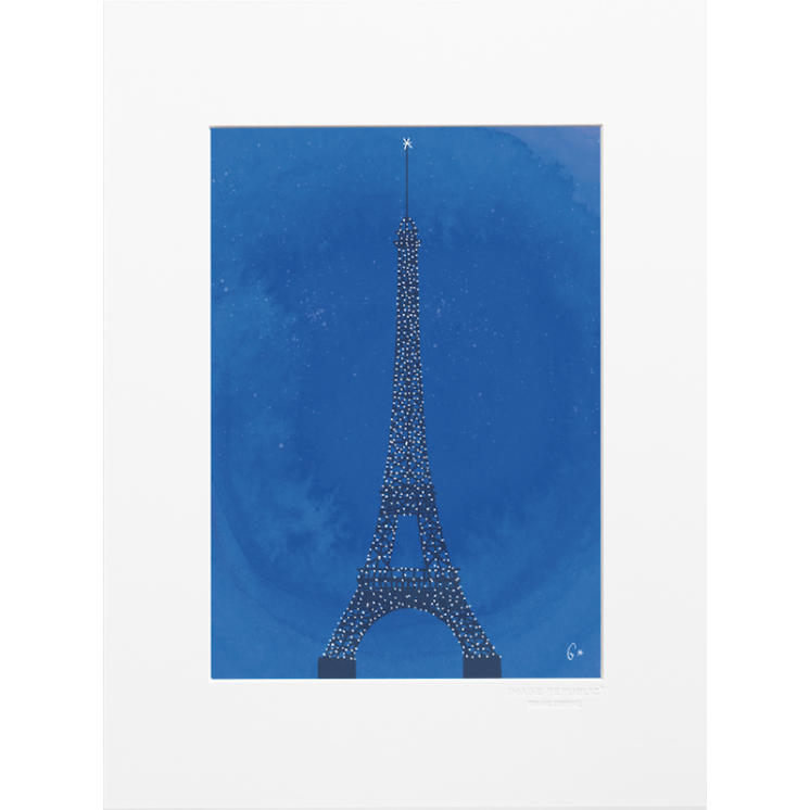 Affiche parisienne de la marque Image Republic, Tour Eiffel illuminée. Artiste : Nick Lu