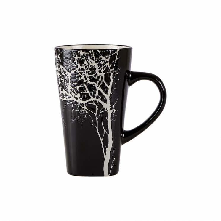 Grand mug en céramique avec pour un motif un bel arbre blanc sur fond noir
