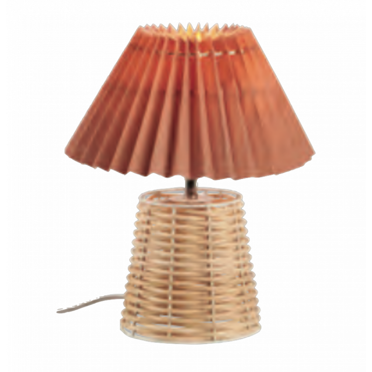 Petite lampe de table avec pied en rotin tressé et abat-jour en tissu rose saumon