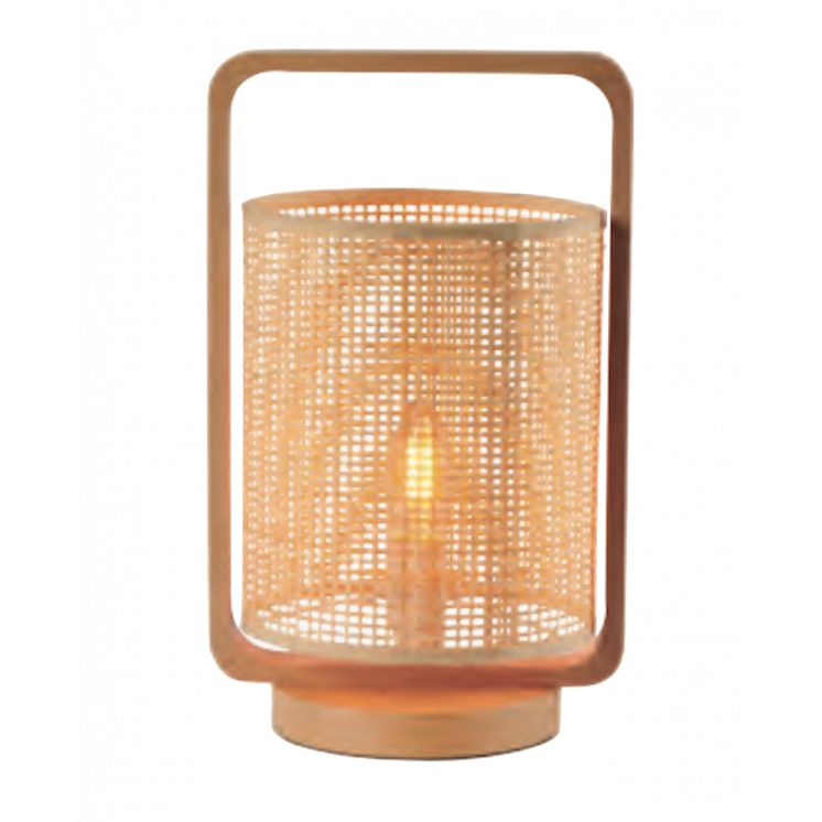 Lampe de table avec pied en bois, anse en bois et abat-jour en bambou tressé
