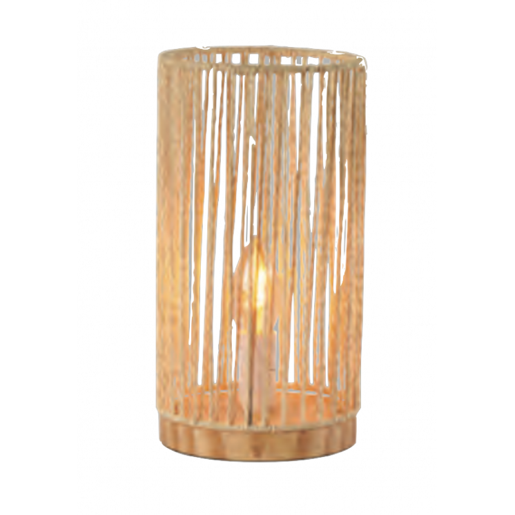 Lampe de table cylindrique avec pied en bois et abat-jour en cordes de papier