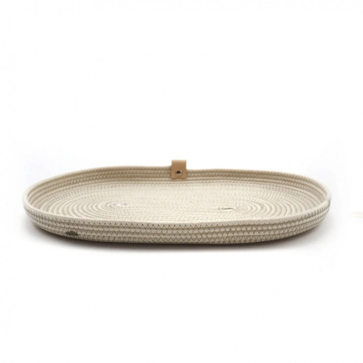 Plateau ovale KOBA en corde de coton recyclé, format moyen et bas, coloris blanc cassé et fil boho