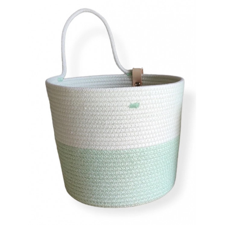 Panier de rangement mural KOBA en corde de coton recyclé, format moyen, coloris mint et blanc cassé