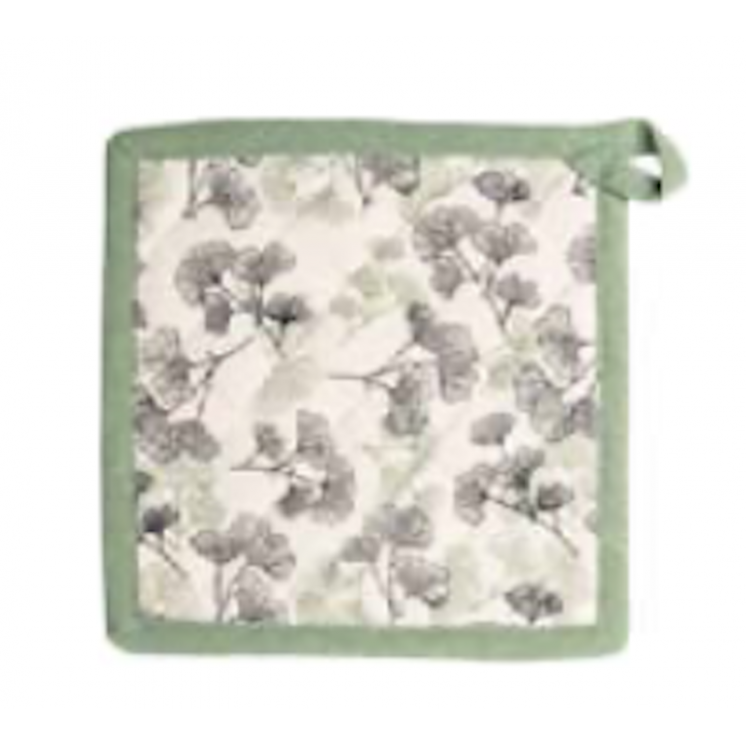 Manique à motifs feuilles de Ginkgo verts et noirs et liseré vert.