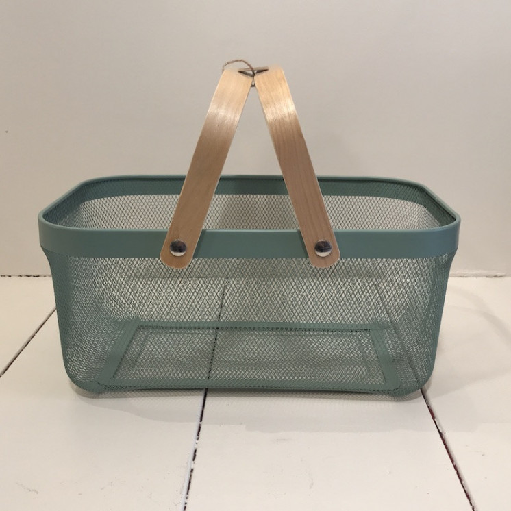 Panier rectangulaire en métal grillagé et double anse en bois