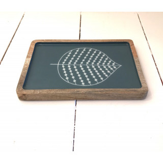 Plateau en bois de manguier et décor émaillé bleu canard avec un motif de feuille, grand format.