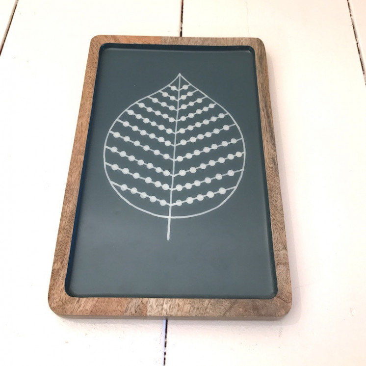 Plateau feuille en bois de manguier et décor émaillé - Grand
