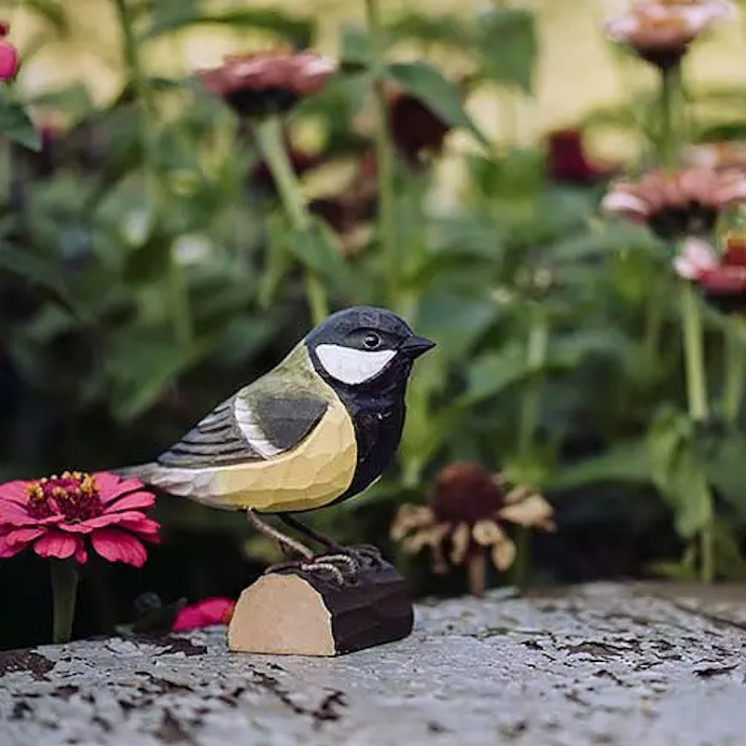 Mésange charbonnière en bois sculpté et peint à la main