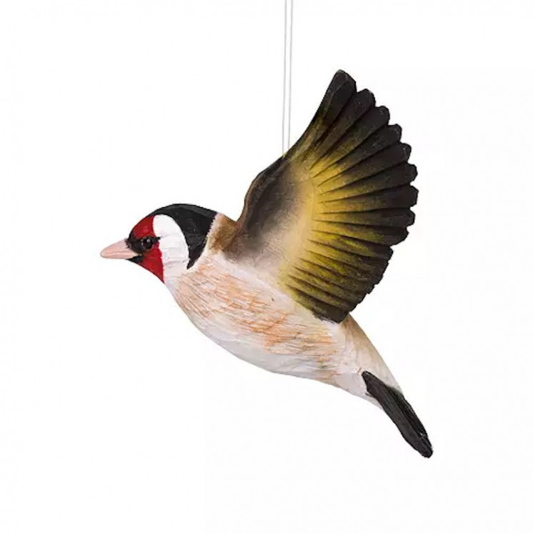 Chardonneret élégant volant en bois sculpté