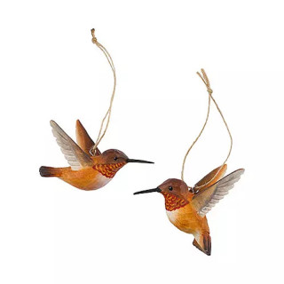 2 colibris roux volants en bois sculptés et peints à la main