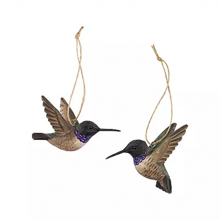 2 colibris à gorge noire volants en bois sculptés et peints à la main