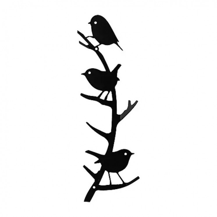 Patère murale en métal noir avec 3 petits oiseaux et 4 crochets