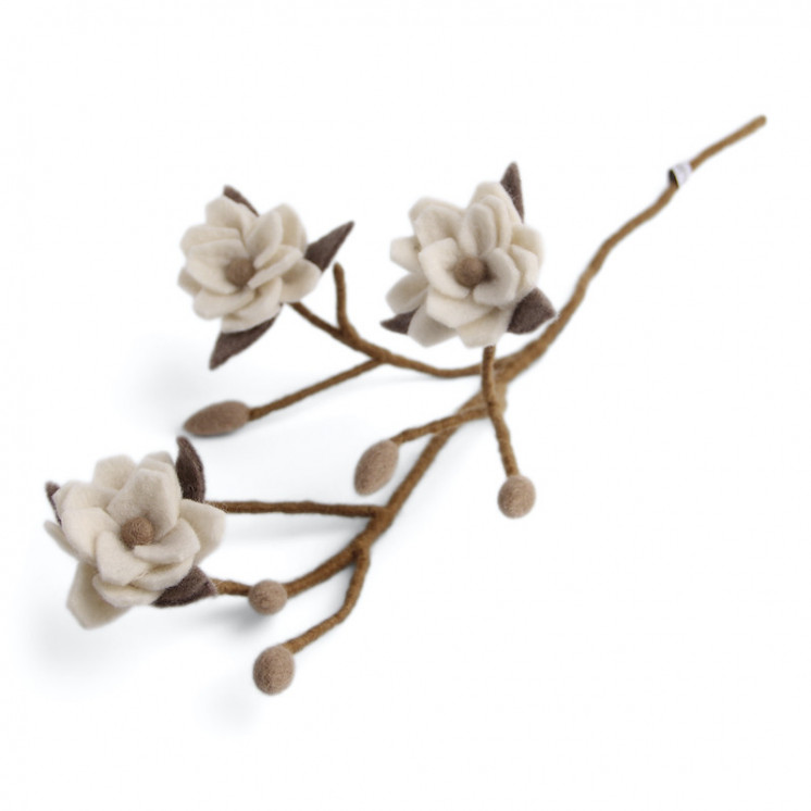 Grande branche de Magnolia fleurie en laine avec fleurs blanches
