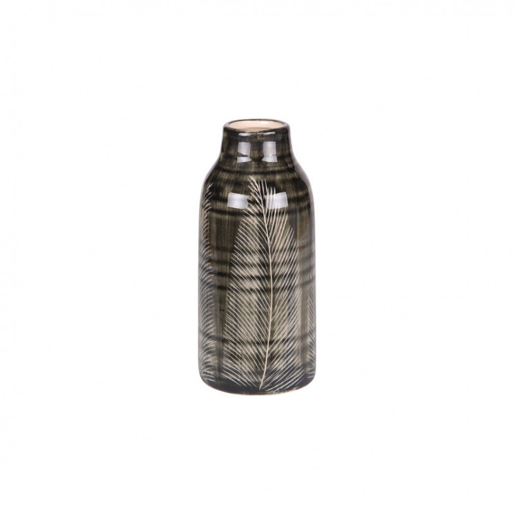 Vase en céramique noir avec feuilles de palmier blanches peintes à a main