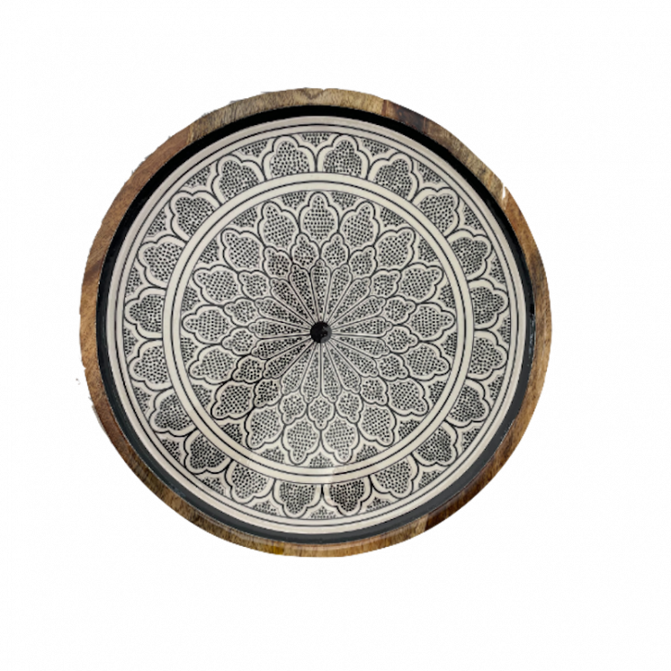 Plateau rond en bois de manguier et décor émaillé orné d'un motif marocain