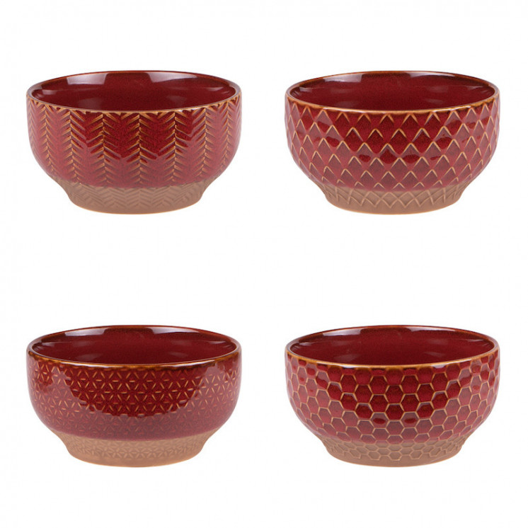 Coupelle à l'unité ou set de 4 coupelles en grès, de coloris rouge, à motif géométrique en relief sur le pourtour.