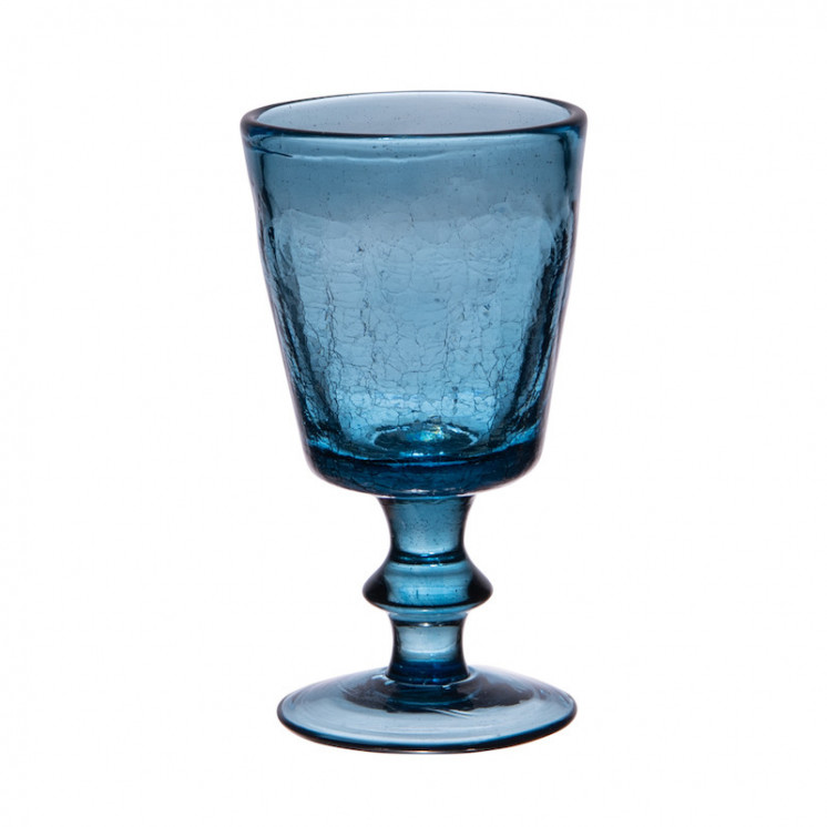 Verre à pied en verre craquelé de coloris bleu translucide