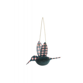 Colibri à suspendre, en papier plié bleu avec des motifs rose et doré sur la tête et les ailes Colibri à suspendre, en papier plié bleu avec des motifs rose et doré sur la tête et les ailes